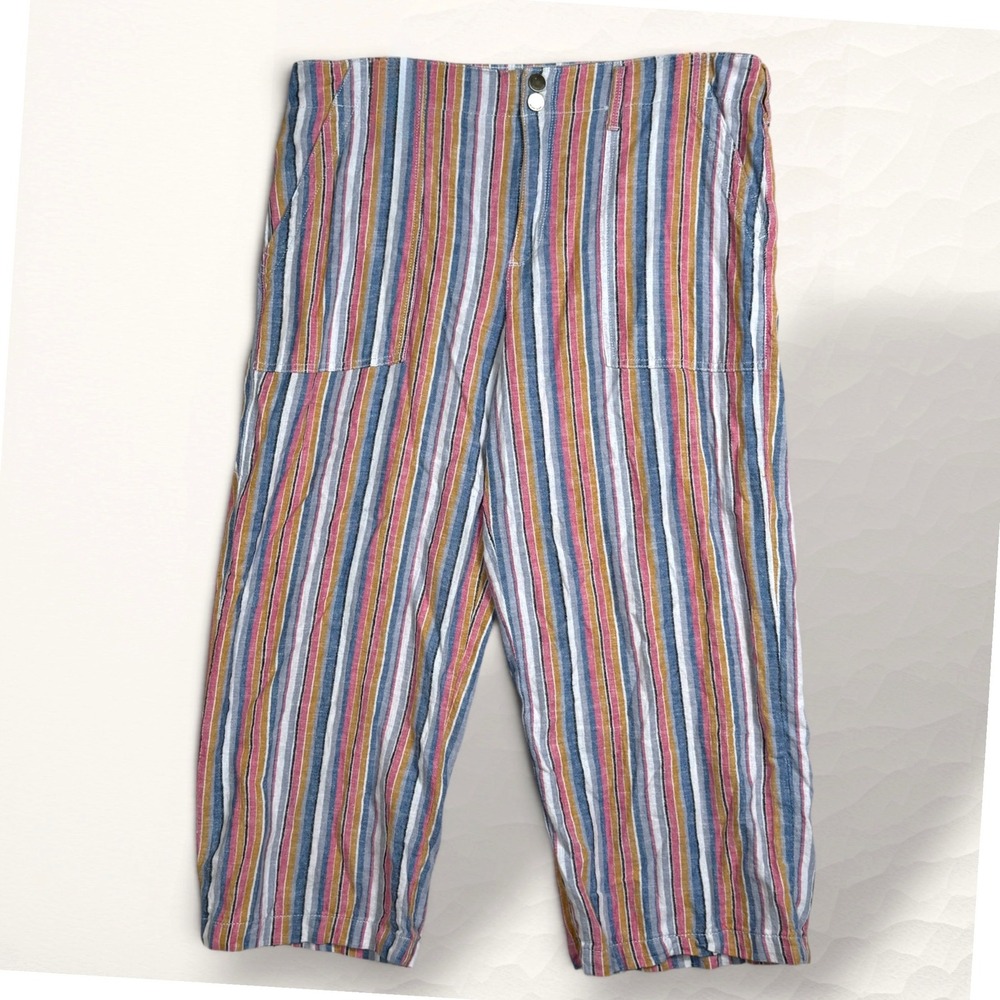 Seven7 Linen Blend Crop Pants Womens 12 Multi Color Stripe Coastal Boho Casual